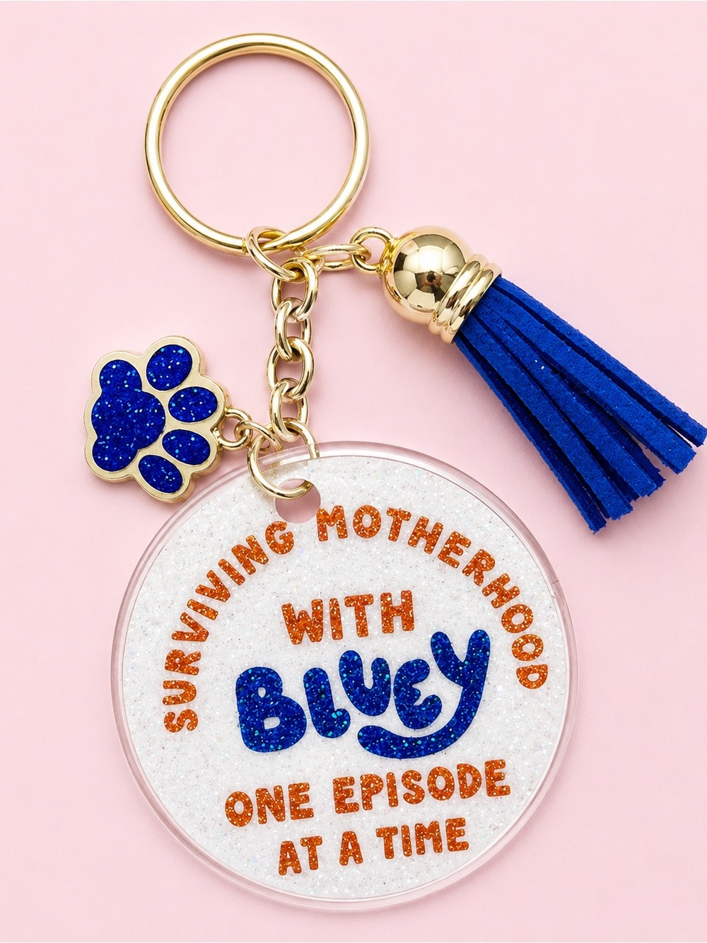Blue Glitter 'Surviving Motherhood with Bluey' Keychain with Tassel